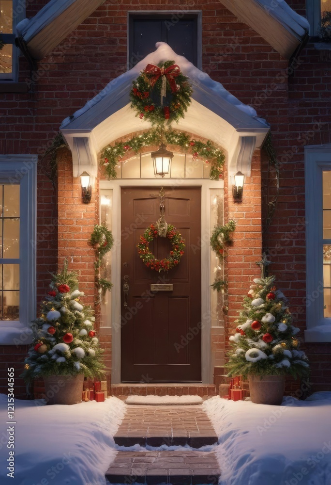 Fototapeta premium Cozy brick house covered in fresh snow with festive Christmas lights and a winter wreath on the front door , cozy home, warm glow