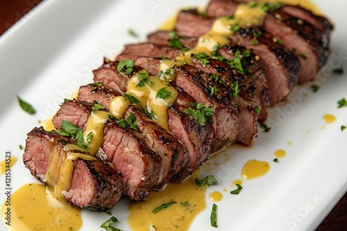 Sliced marinated pork tenderloin on a white platter, with honey mustard sauce drizzled over the top and sides of the meat, and fresh herbs sprinkled around