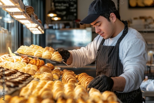 Young man with intellectual disabilities working in a bakery arranging fresh pastries during a daytime shift  photo