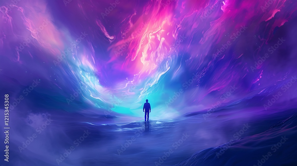 Fototapeta premium Solitary Figure Underneath a Vibrant Cosmic Sky