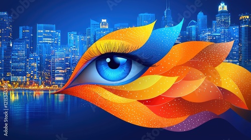 A stylized eye observes a vibrant cityscape at night