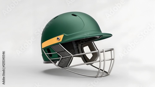 Green cricket helmet with yellow accent and steel face guard photo