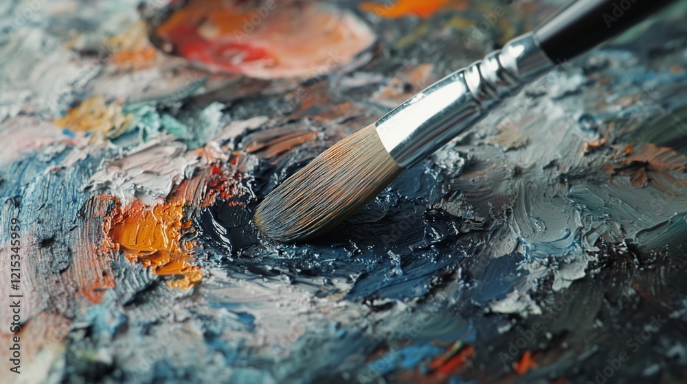 Artist's brush mixing oil paints on palette, closeup Artist's brush mixing oil paints on palette, closeup