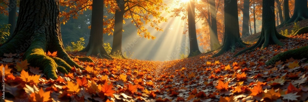 Forest floor covered in a thick layer of fallen leaves and branches illuminated by sunlight, woodlands, forest landscape, autumnal colors Forest floor covered in a thick layer of fallen leaves and branches illuminated by sunlight, woodlands, forest landscape, autumnal colors
