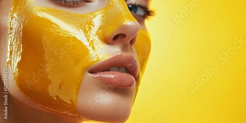 Beauty portrait of woman applying golden cosmetic peel off mask on face on yellow background photo