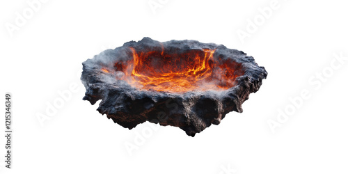 Molten lava crater with smoke emitting isolated on transparent background