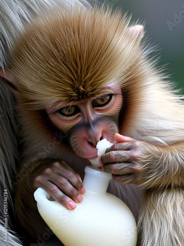 Feeding time of a little Japanese macaque. Expressive face of the monkey baby, suckling milk of his mother. Careless childhood of the primate cub. photo