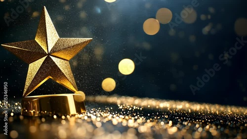 Gold star trophy sparkling against a dark background with bokeh effects and glitter