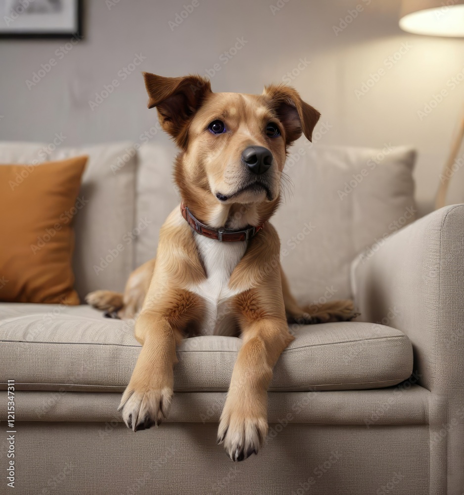 Dog sitting on a couch with its paws stretched out, animal, dog Dog sitting on a couch with its paws stretched out, animal, dog