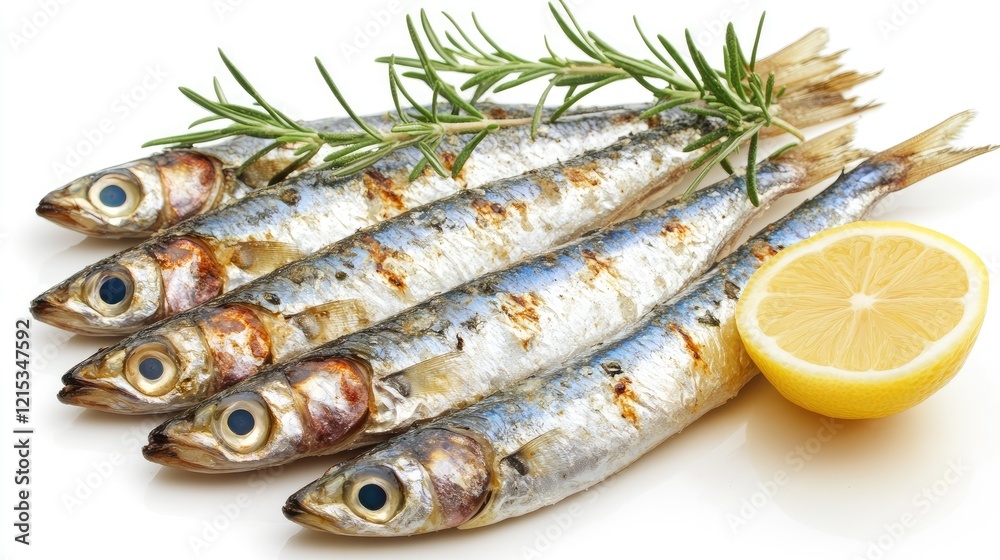 A platter of grilled sardines seasoned with lemon and herbs on a white background