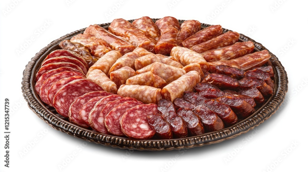 Obraz premium A platter of Spanish embutidos (cured sausages) including chorizo and salchichn on a white background