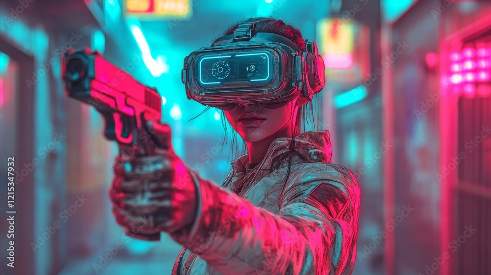 A close-up of a gamer's hands with a VR weapon controller, with vivid in-game objects displayed through the headset during a demanding combat sequence A close-up of a gamer's hands with a VR weapon controller, with vivid in-game objects displayed through the headset during a demanding combat sequence