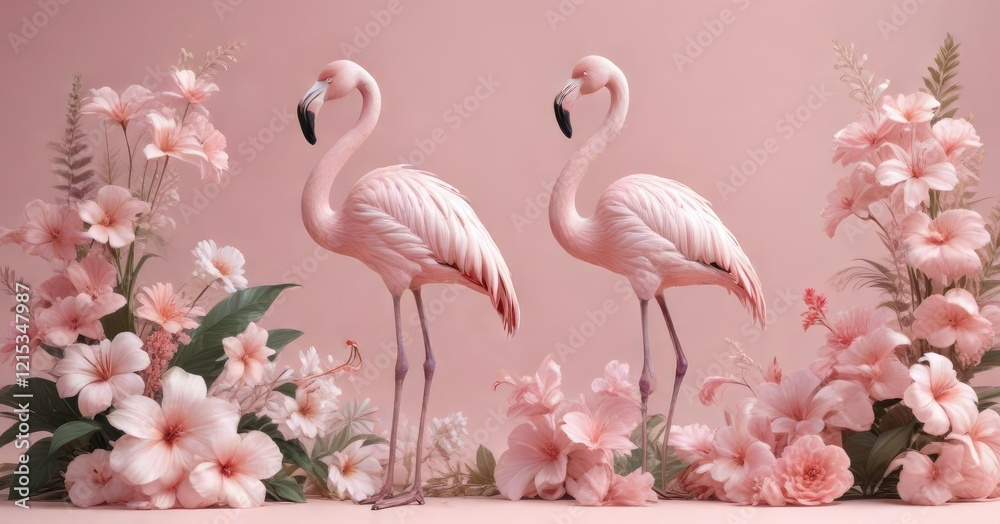 Obraz premium Elegant flamingo and flowers illustration in light pink hue, soft, artwork, light pink