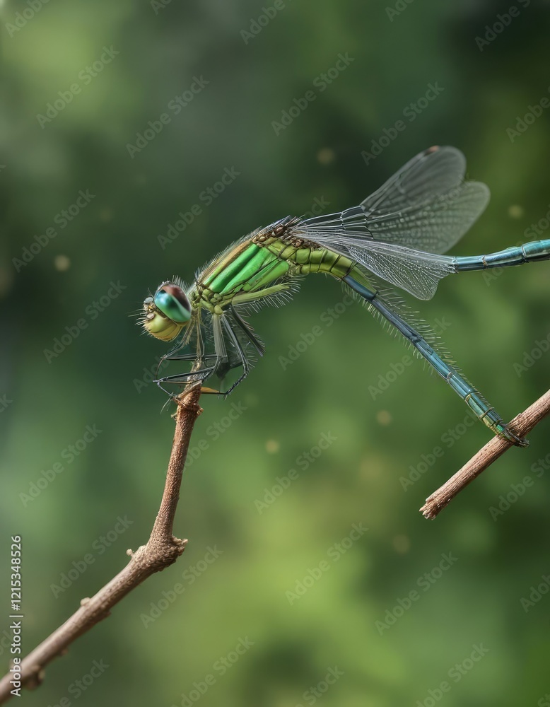Emerald green damselfly rests on a thin branch , tree, nature, leaf Emerald green damselfly rests on a thin branch , tree, nature, leaf