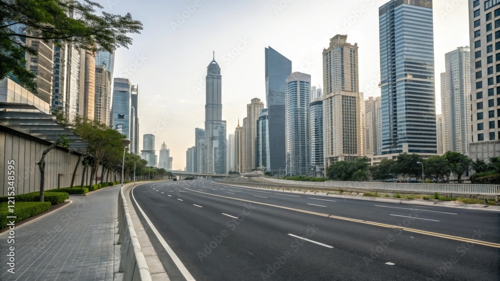 Empty asphalt road passing through the heart of a modern city amidst towering skyscrapers and office buildings, skyscraper, high-rise buildings Empty asphalt road passing through the heart of a modern city amidst towering skyscrapers and office buildings, skyscraper, high-rise buildings