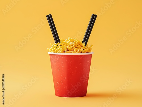 Instant noodles in paper cup with black chopsticks