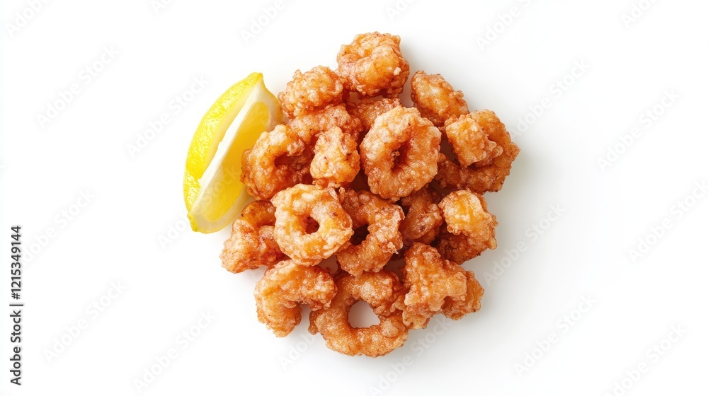 A serving of fried calamari rings with lemon wedges on a white background A serving of fried calamari rings with lemon wedges on a white background