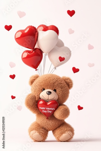 Cute teddy bear holding heart balloons for valentine's day celebration