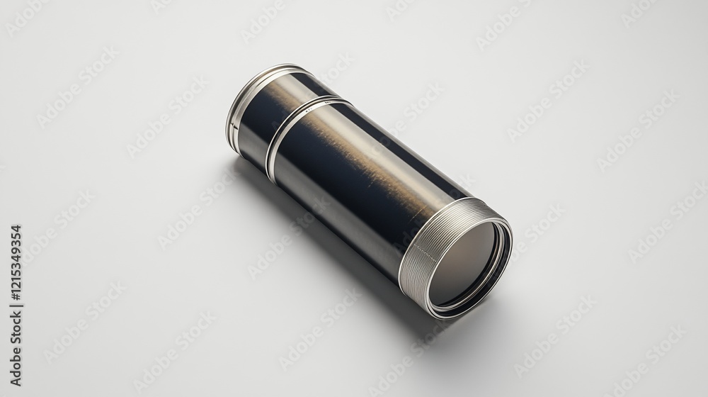 Sleek metallic container, studio shot, white background, packaging mockup