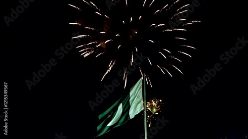 hanging Pakistan flag on firework sky bokeh background