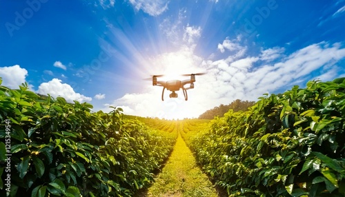 drone tecnológico agrícola sobrevoando plantação de café em um dia ensolarado - Generated image photo