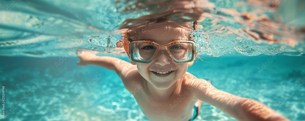Fototapeta premium Young boy swimming underwater in a pool with goggles, smiling at the camera