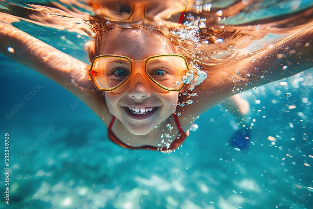Naklejka premium Smiling young girl wearing orange swimming goggles swimming underwater in the ocean