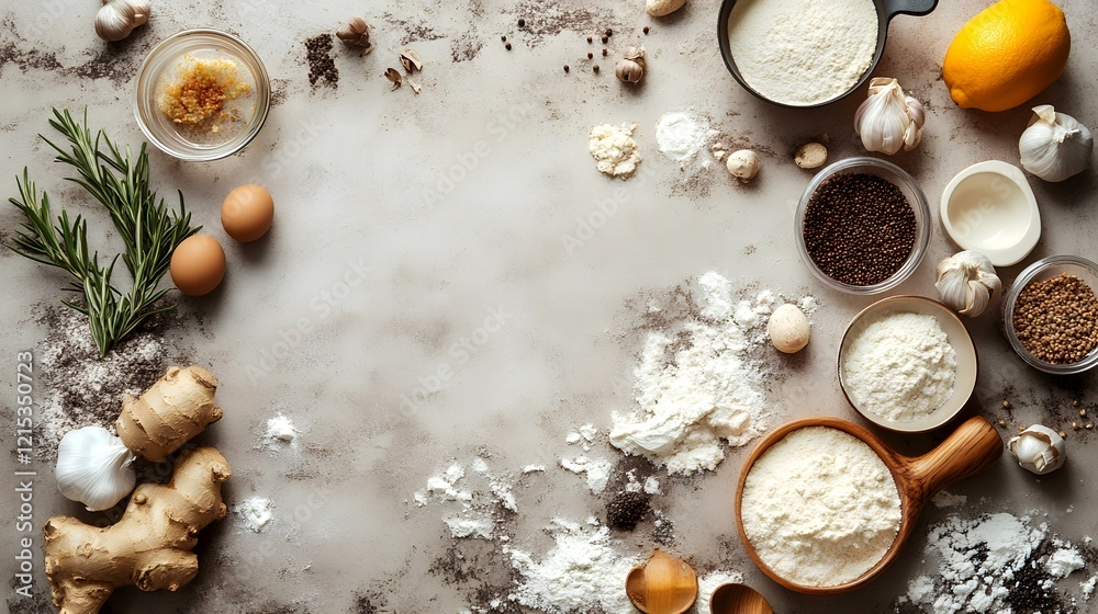 Fototapeta premium Baking ingredients arranged on marble surface; flour, eggs, garlic, ginger, rosemary; copy space; food blog, recipe website