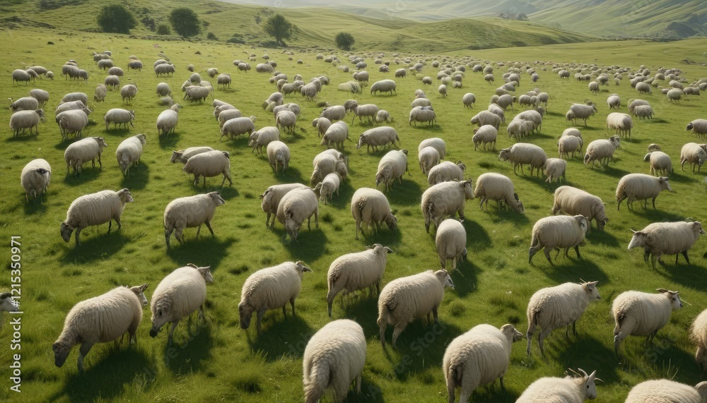 Fototapeta premium Flocking of sheep in a green meadow with a subtle sheen to the wool, natural landscape., pasture scene, countryside scene, grazing animals, rural scenery