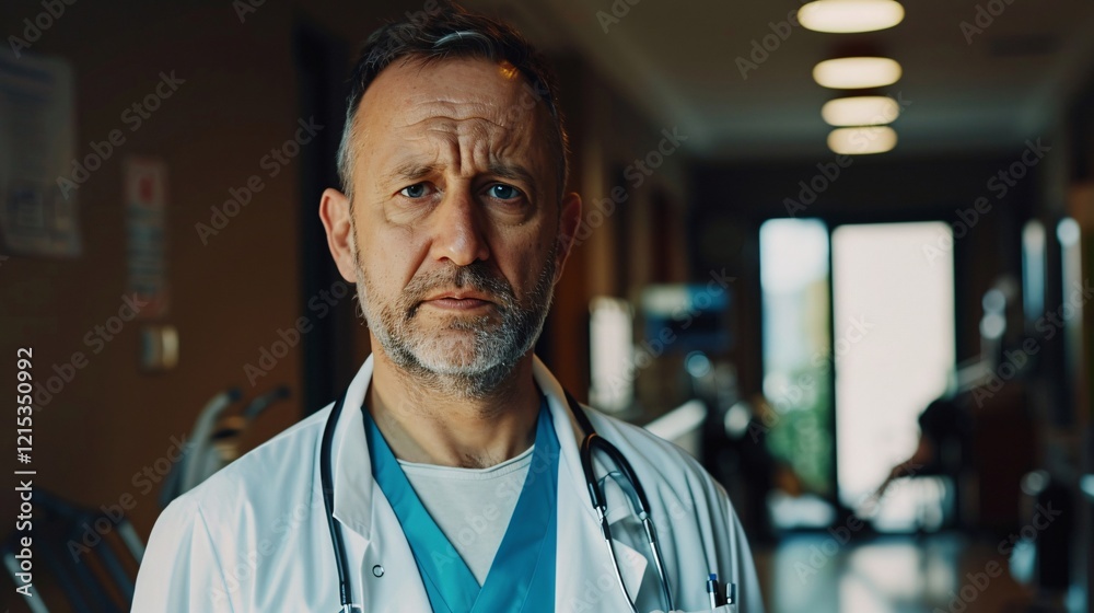 Obraz premium Serious-looking doctor stands in the hospital hallway