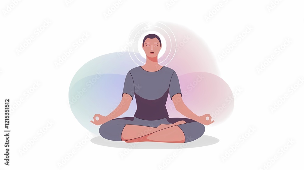 Person meditating with a serene aura and pastel background.