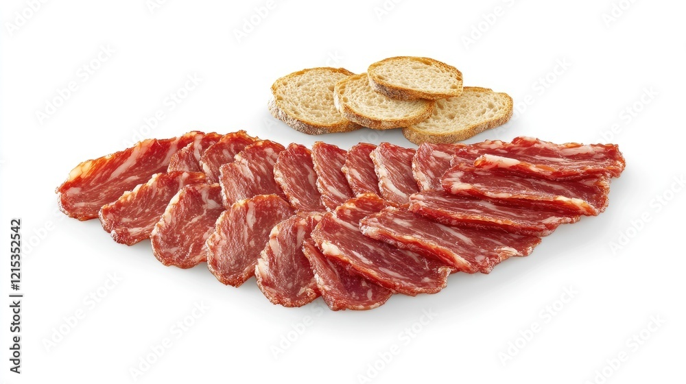 Freshly sliced jamn ibrico served with small slices of crusty bread on a white background Freshly sliced jamn ibrico served with small slices of crusty bread on a white background