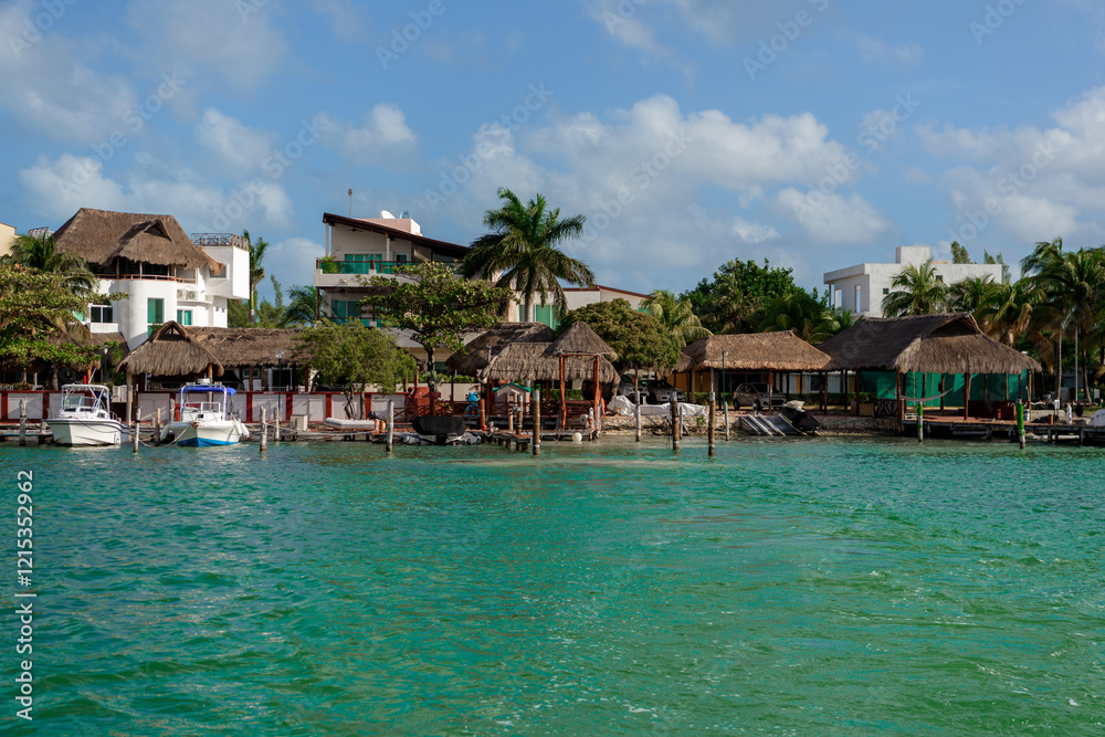 View from the sea to the buildings located on the seashore View from the sea to the buildings located on the seashore
