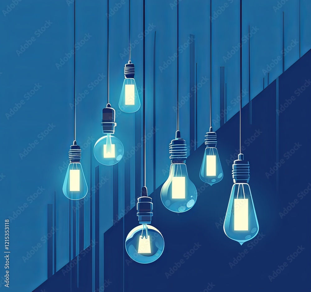 A glowing light bulb surrounded by floating light bulbs on a grey background A glowing light bulb surrounded by floating light bulbs on a grey background
