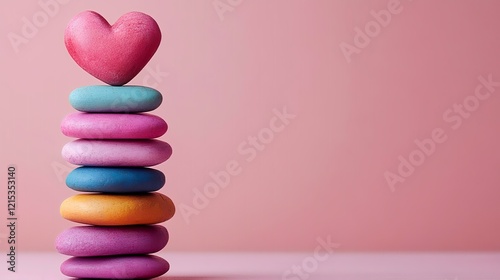 Colorful stones stacked with heart, pink background, balance concept, Valentine's Day card