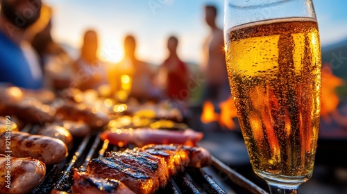 A vibrant BBQ scene showcases grilled meats sizzling alongside a chilled beer, inviting a sense of warmth and social gatherings, epitomizing summer joy and togetherness.