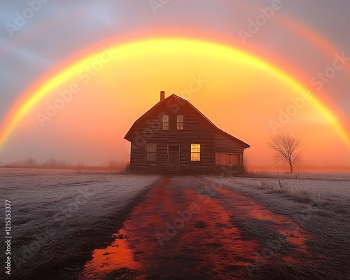 Rustic cabin sunrise fog rainbow. photo