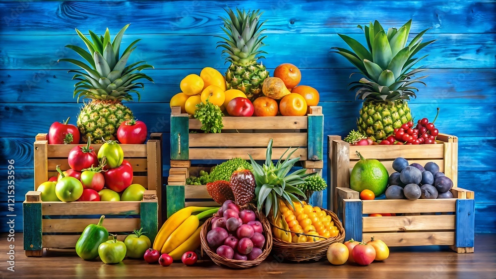 Colorful Fruit Crates with Apples, Grapes, and Tropical Fruits Against a Bright Blue Background Colorful Fruit Crates with Apples, Grapes, and Tropical Fruits Against a Bright Blue Background