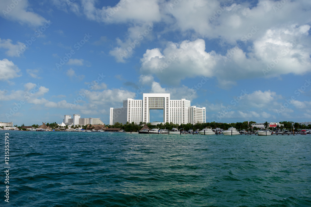 View from the sea to the buildings located on the seashore View from the sea to the buildings located on the seashore
