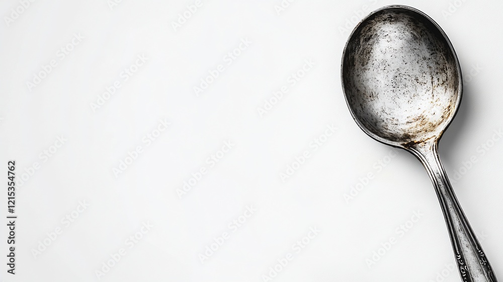 Rustic silver spoon on white, copy space, food blog, vintage Rustic silver spoon on white, copy space, food blog, vintage