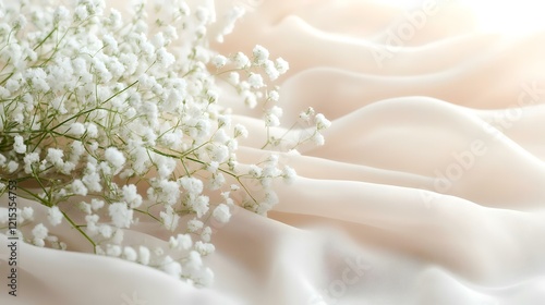 Delicate white flowers on soft beige fabric, elegant background for wedding invitation or feminine product