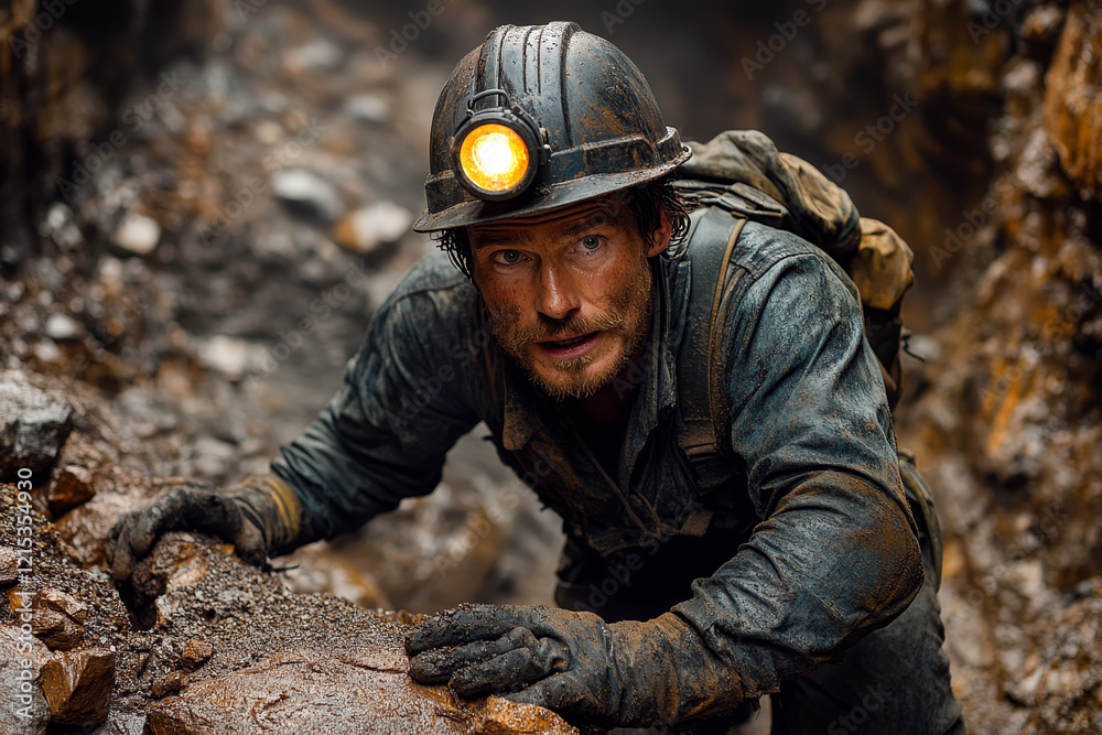 Miner underground crouching helmet headlamp resilience exploration determination rugged environment Miner underground crouching helmet headlamp resilience exploration determination rugged environment