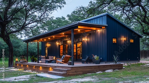 Navy barndominium exterior with modern lighting and an outdoor deck