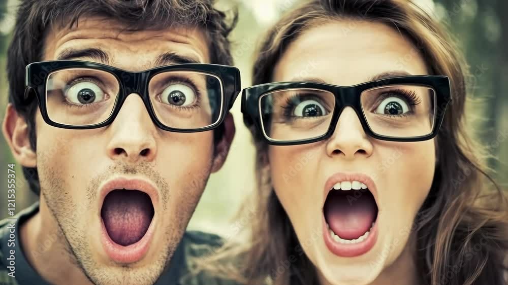 Excited friends share a joyful moment outdoors with exaggerated expressions and wide eyes