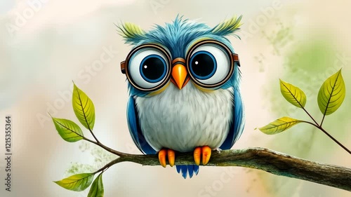 Cute cartoon owl perched on a branch against a soft, colorful background displaying vibrant leaves