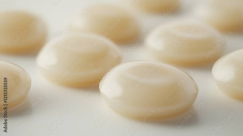 Creamy candies scattered on white background, close-up shot, for food packaging Creamy candies scattered on white background, close-up shot, for food packaging
