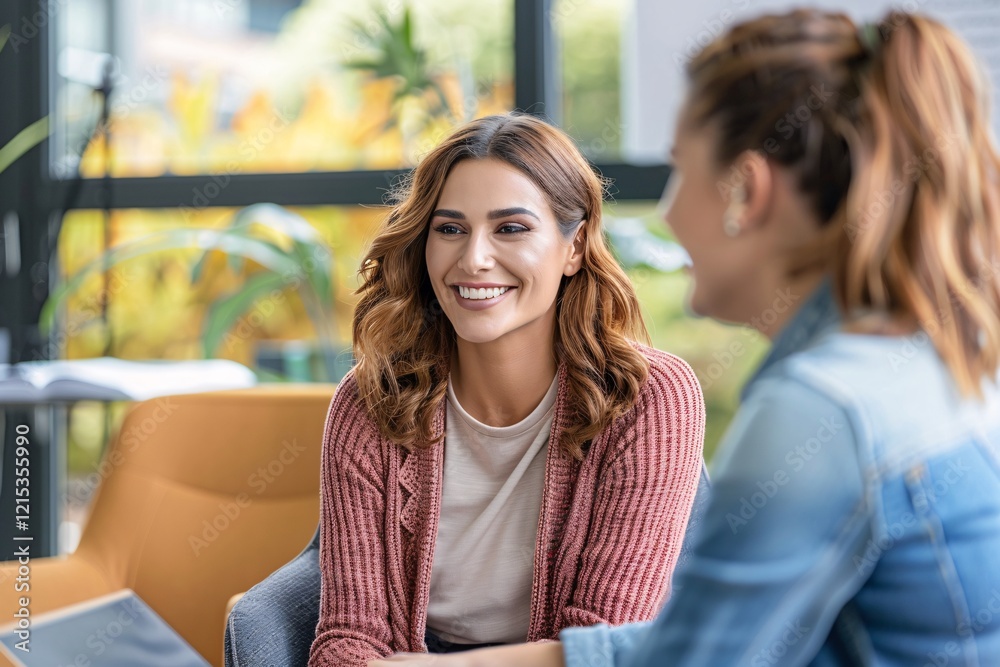 Fototapeta premium Two young women coworkers engage in a friendly chat in a contemporary, well-lit workplace