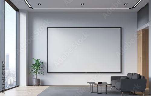 Mockup of a modern office with a blank white wall and a large TV screen mounted in the corner, featuring a sleek black furniture setup