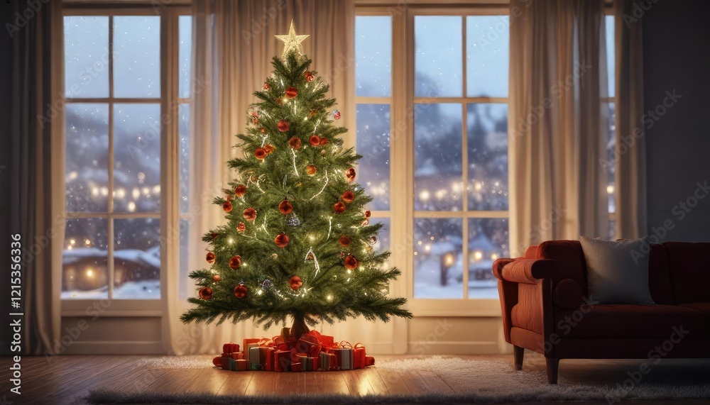 Fototapeta premium Decorated Christmas tree with lights and tinsel in front of a window , festive atmosphere, tinsel