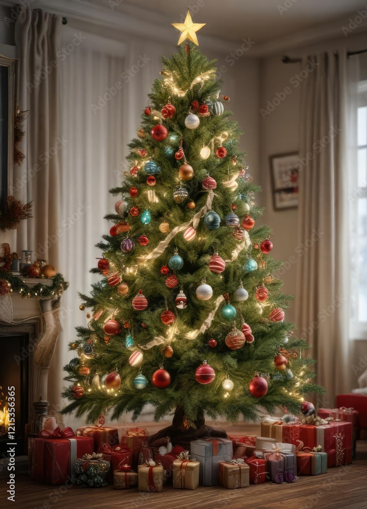 Decorated Christmas tree with multiple ornaments, garlands, and lights, festive lighting, sparkling tree Decorated Christmas tree with multiple ornaments, garlands, and lights, festive lighting, sparkling tree